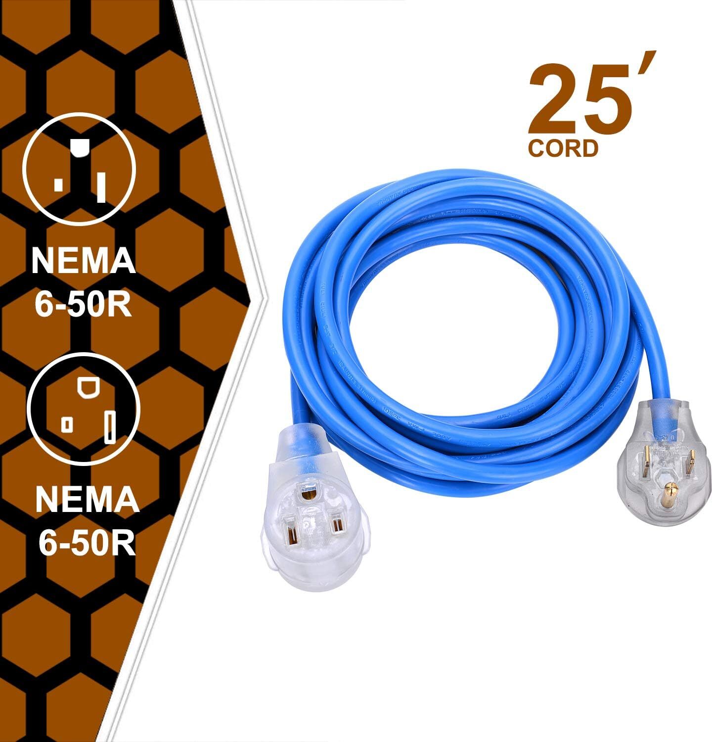 Welder Extension Cord, Heavy Duty 25 Feet 6-50 Nema R Plug Lighted Welding Cord