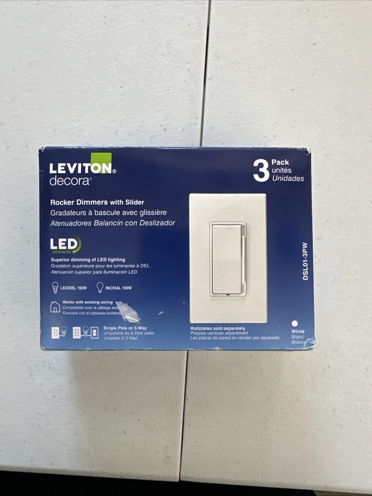 Leviton Decora DSL01-3PW 3 Pack LED Rocker Dimmers with Slider White NEW G1