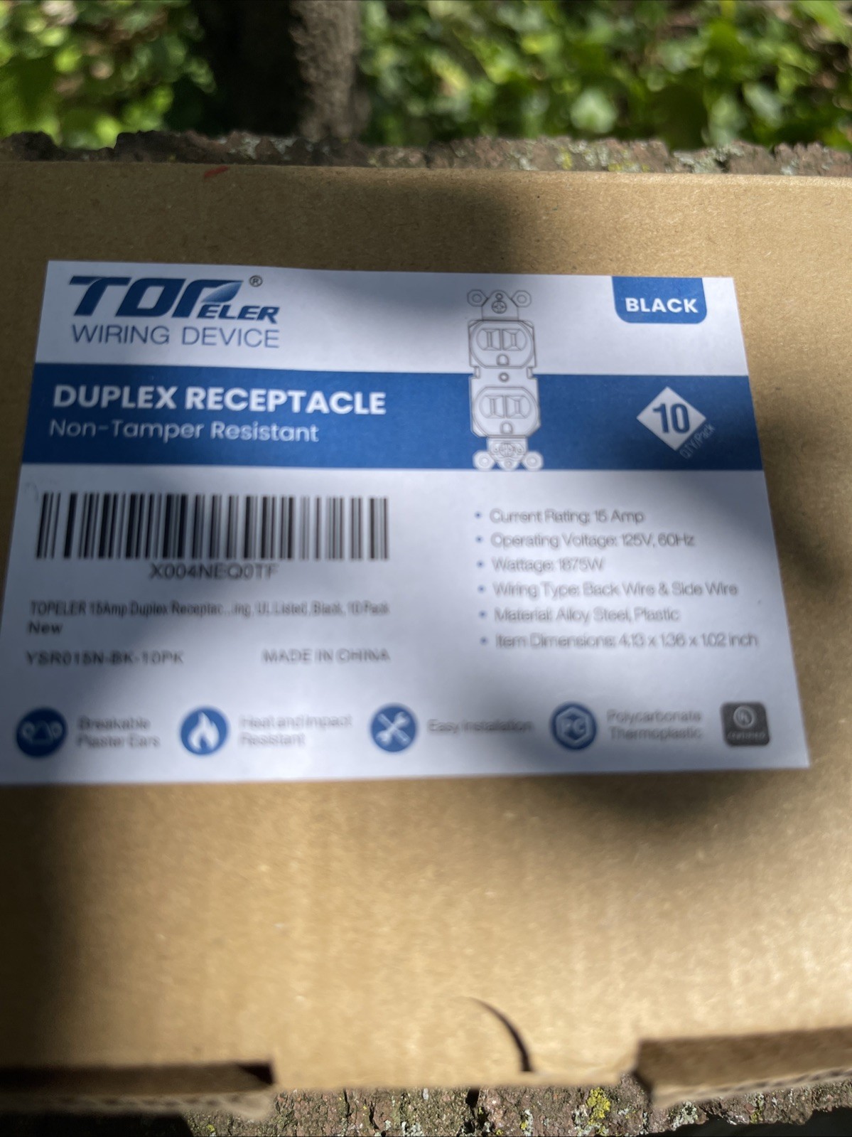 Lot of (10) New, BLACK TopELER receptacle,none- TamperResistant,15 Amp 120 volt