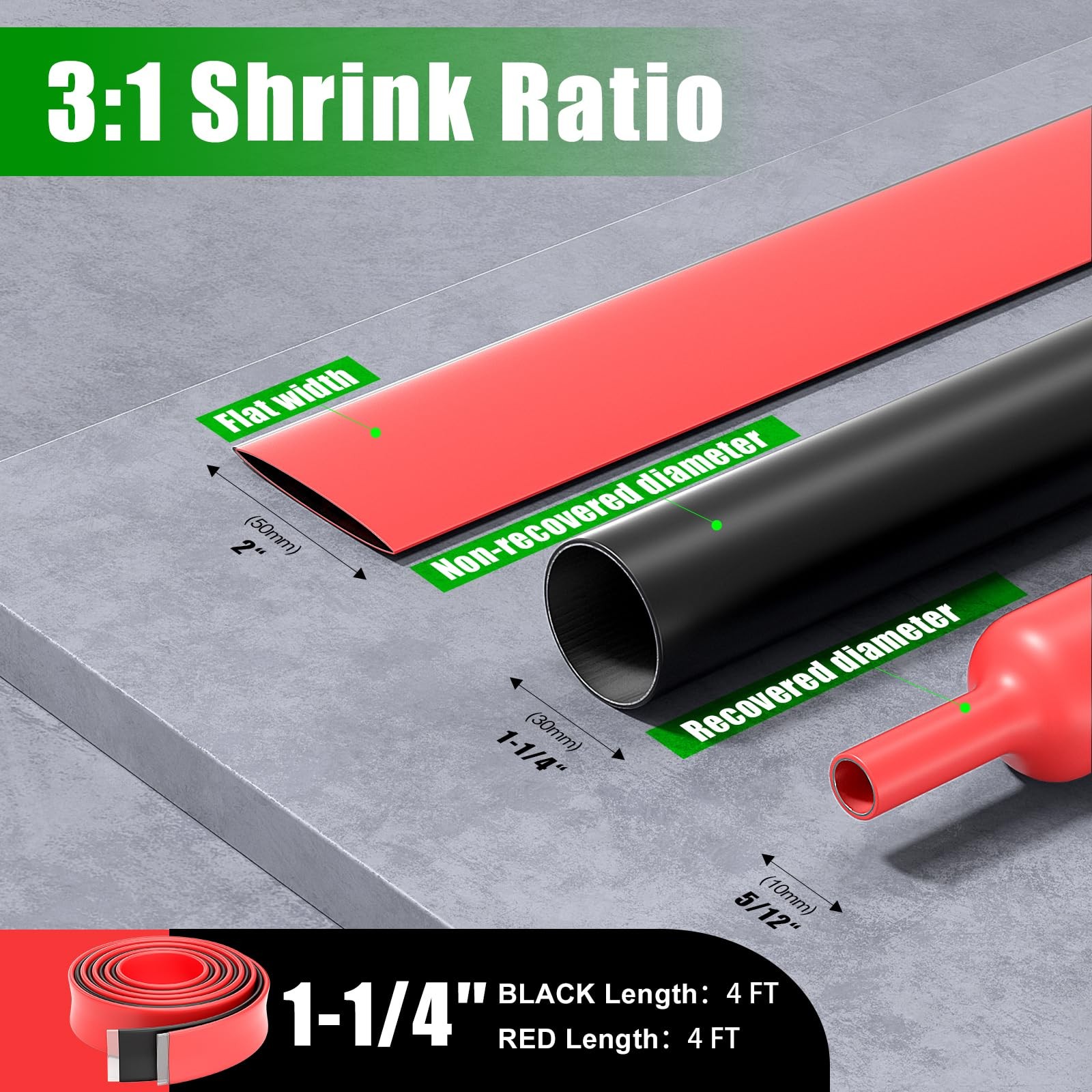 1-1/4 Inch 3:1 Large Marine Grade Adhesive Lined 1-1/4Inch-8Ft, Red/Black
