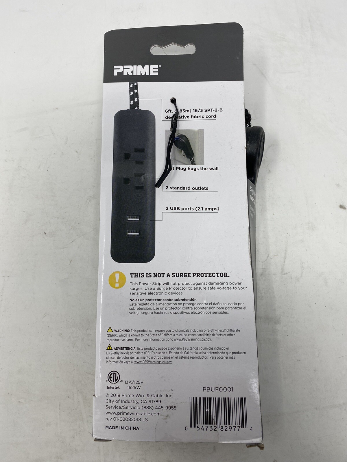 Prime #PBUF0001 6′ Black 2-Outlet & 2-Usb Fabric Accent Power Strip Cord #9774