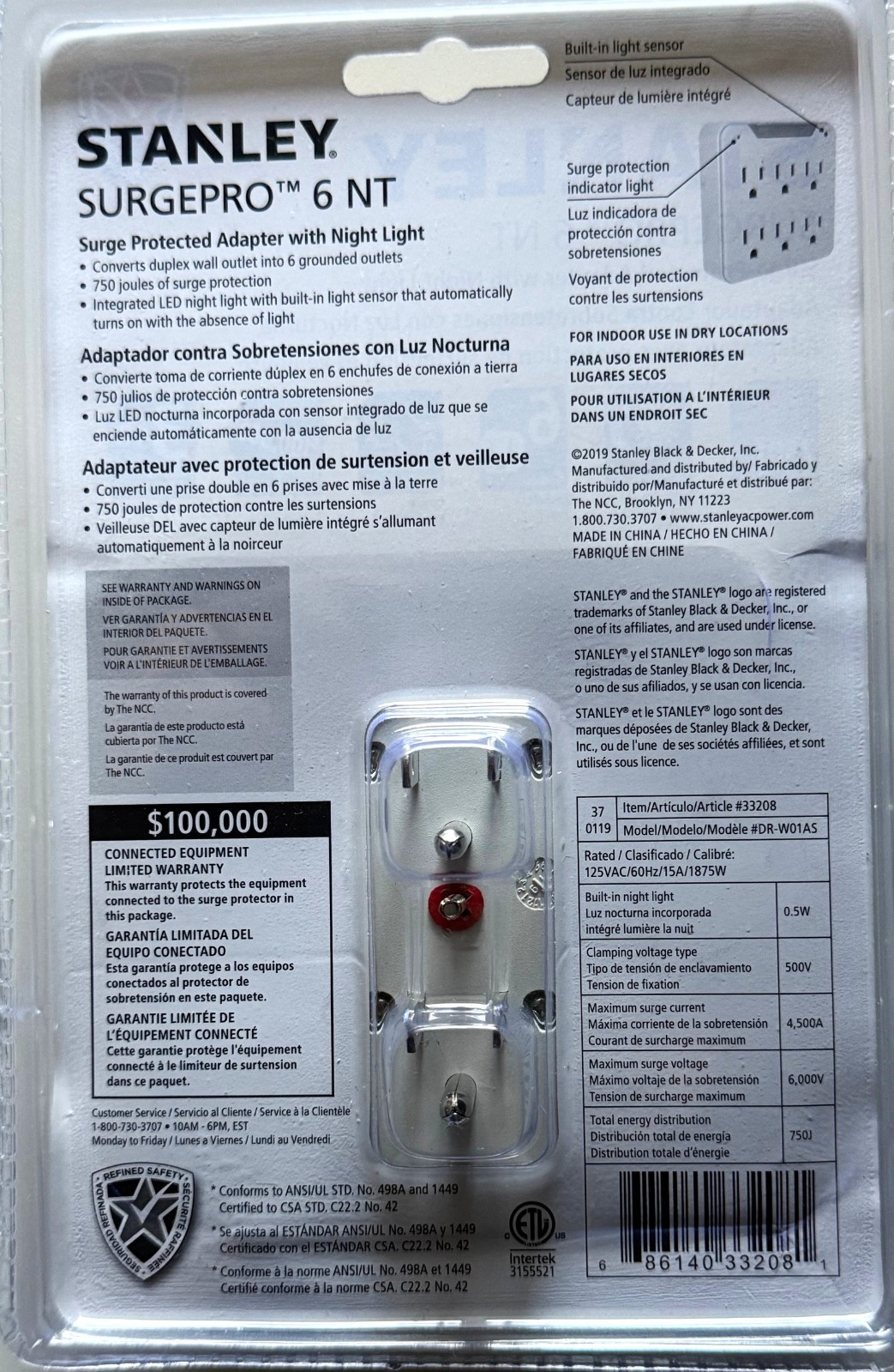 Stanley SurgePro 6 NT Surge-Protected Adapter With Night Light New In Package
