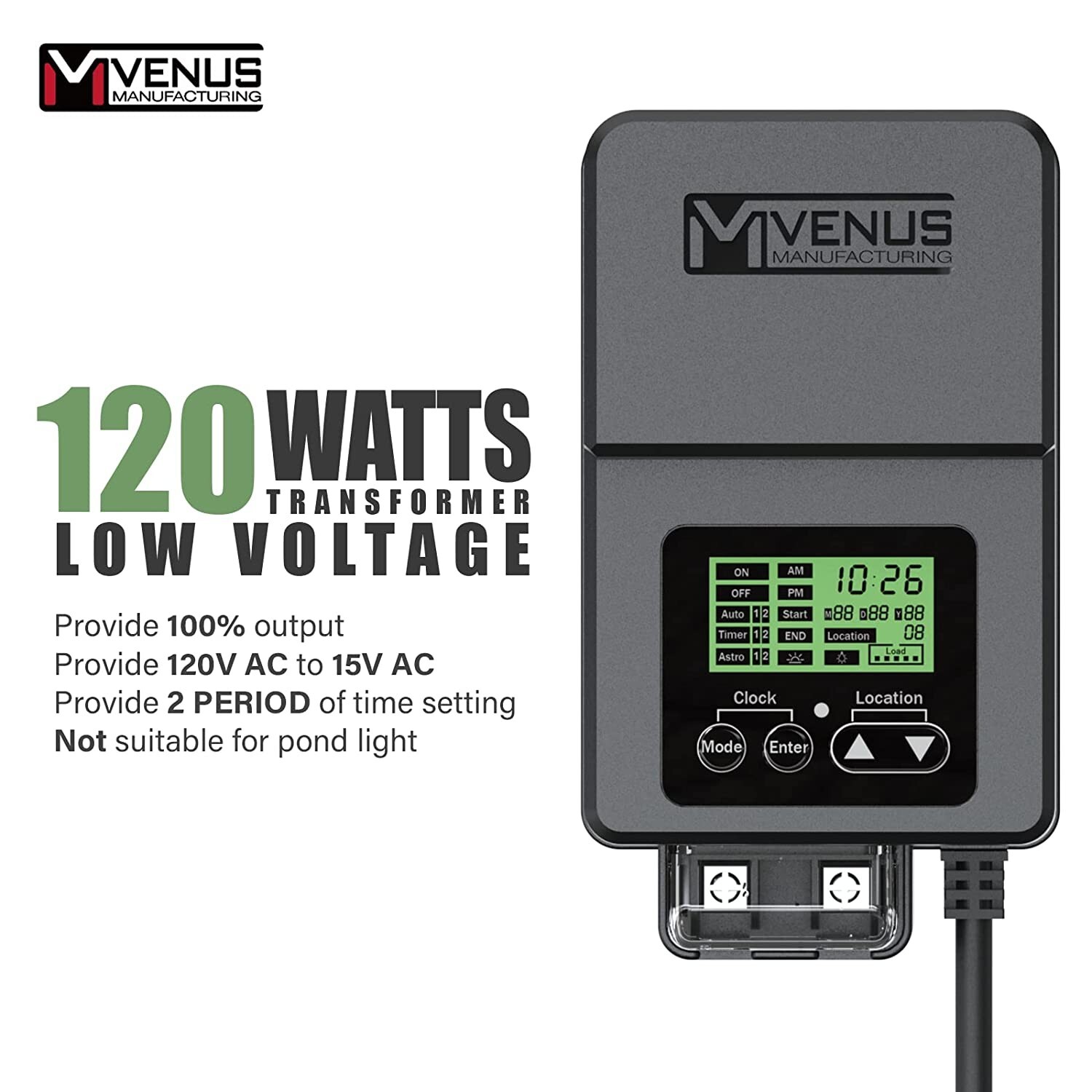 120W Outdoor Low Voltage Transformer with Timer and Photo Sensor, 120V AC to 15V
