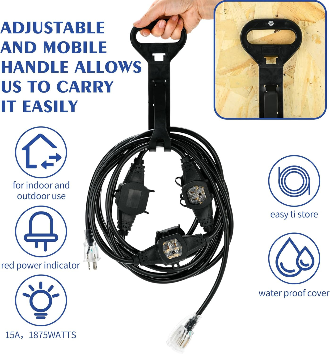 20FT 16 Gauge Multi-Outlet Outdoor Extension Cord, 4 Evenly Spaced Weatherproof