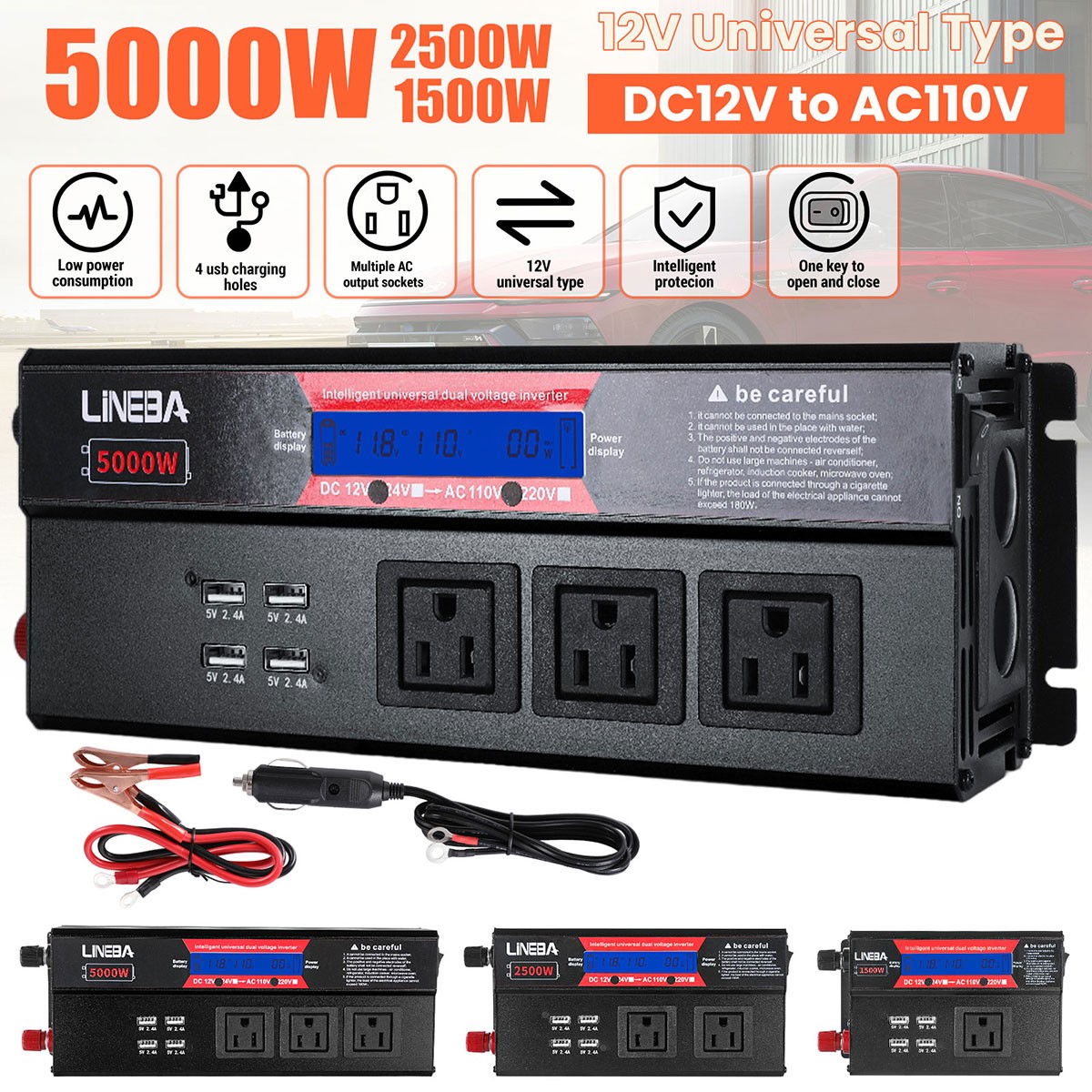 1500W 2500W 5000W Car Power Inverter 12V to 110V Converter 3AC 4USB LCD Display