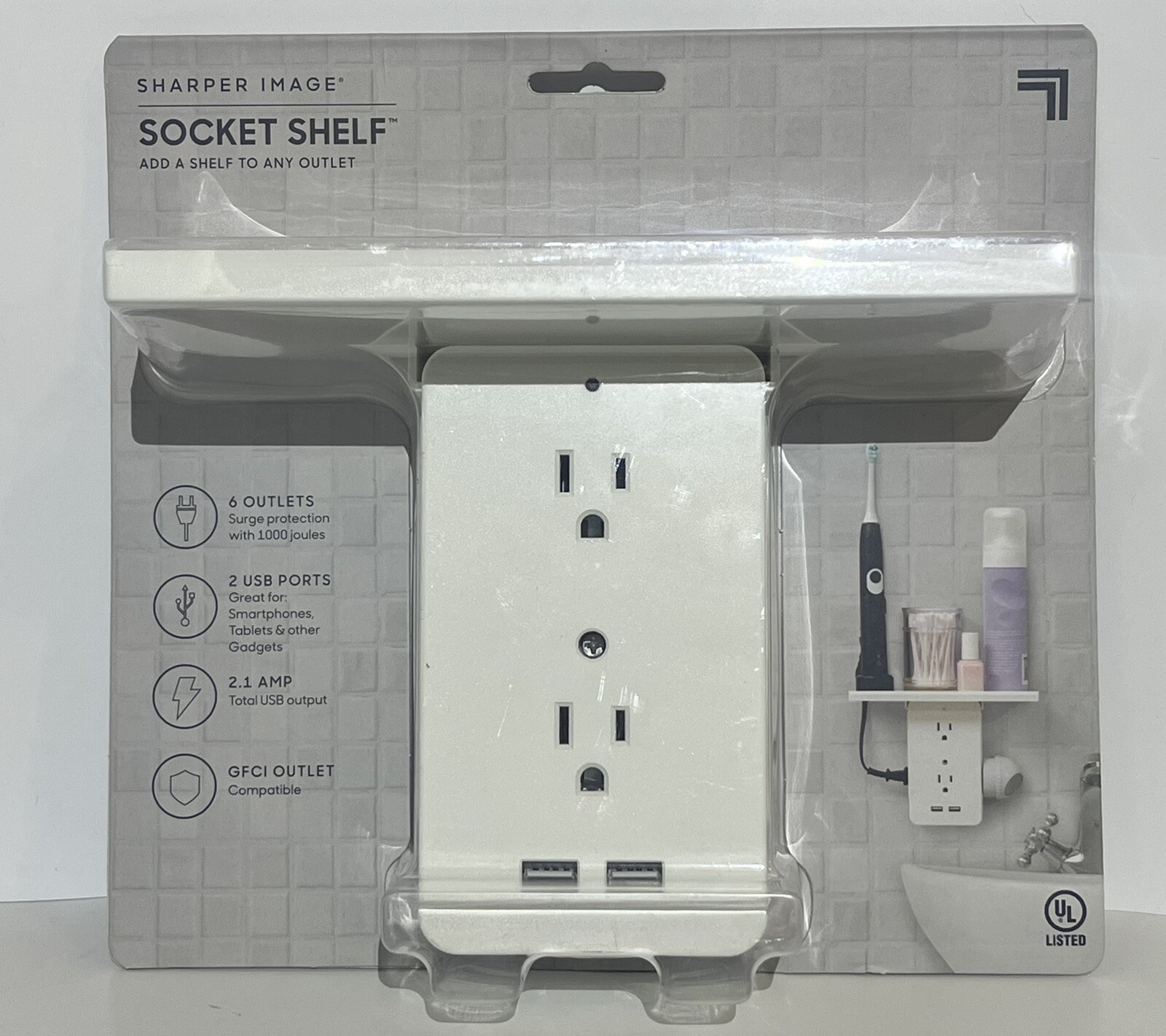 Sharper Image Socket Shelf Cordless Wall 6-Outlet Extender – White