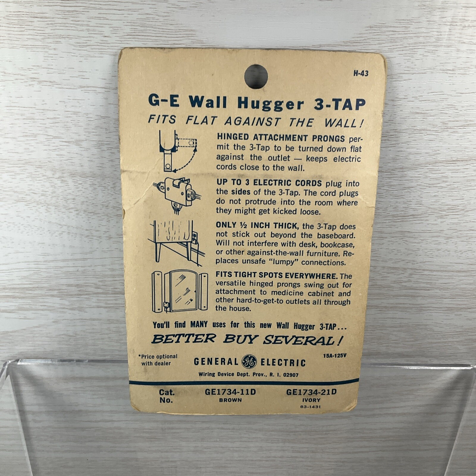 GE Wall Hugger Tap 3 Plug-in Outlets 15A 125V 4E – GE1734-11D NOS
