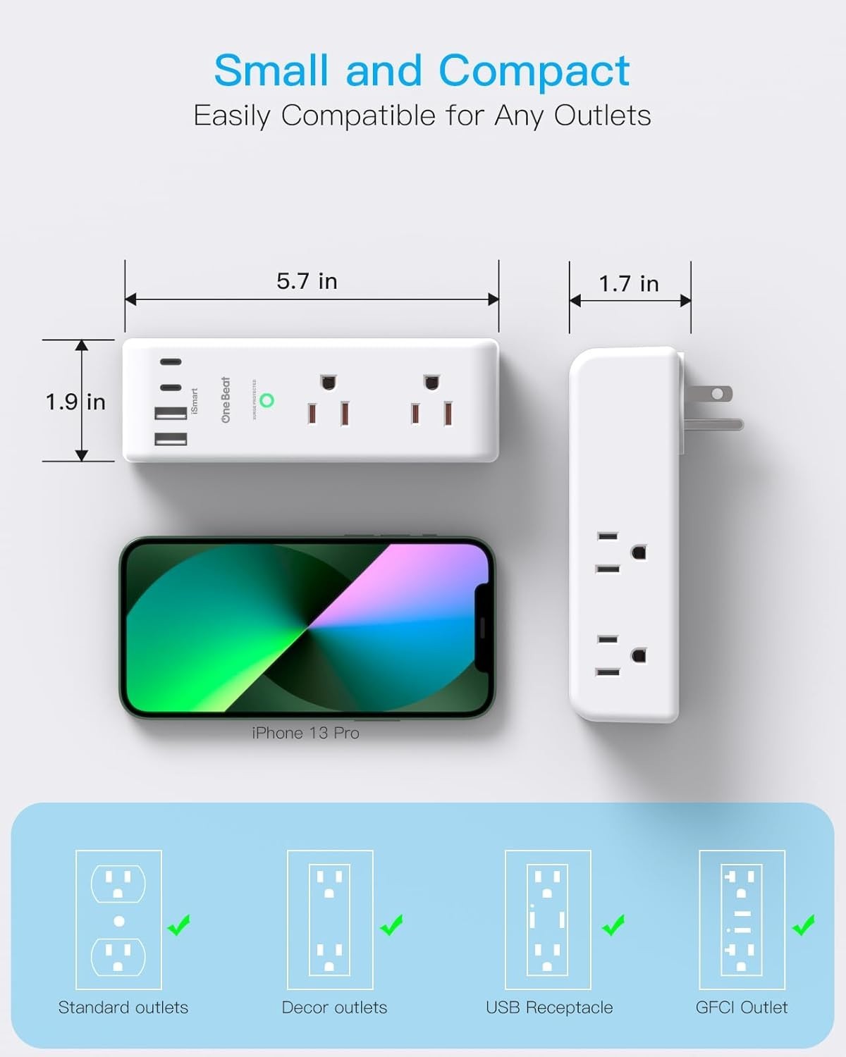 Multiple Plug Outlet Extender, 6 Wall Outlets and 3 USB Ports (1 USB C), Multi O