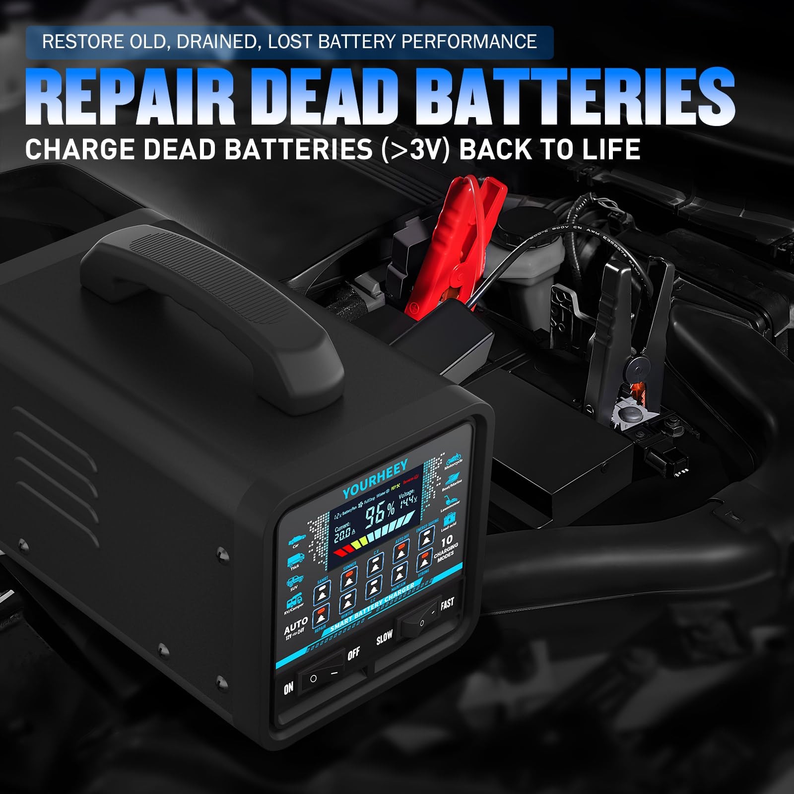 Yourheey Upgraded 12V/24V 0-20A Car Battery Charger Heavy Duty Smart Trickle