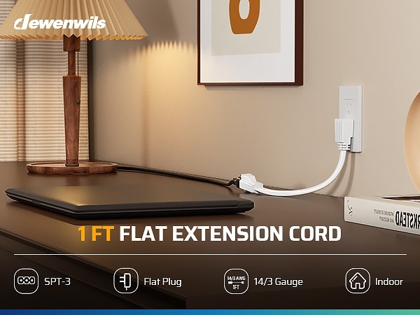 DEWENWILS 1FT Flat Plug Extension Cord 3-Pack, Space Saving, 14/3 SPT-3, 15A