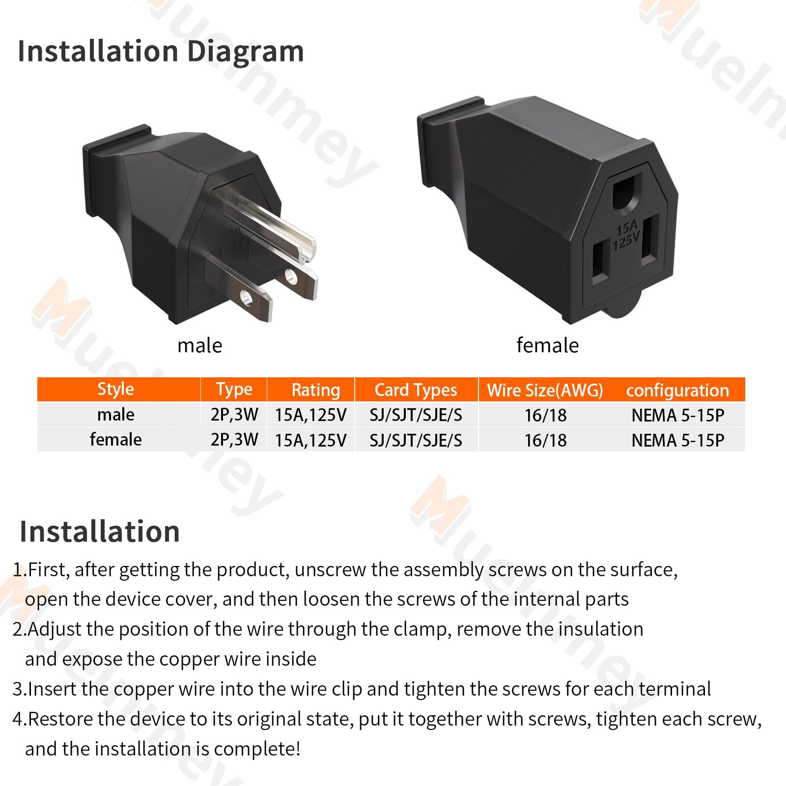 1 Set Extension Cord Ends Electrical Replacement Plug And Connector Nema 515r 15