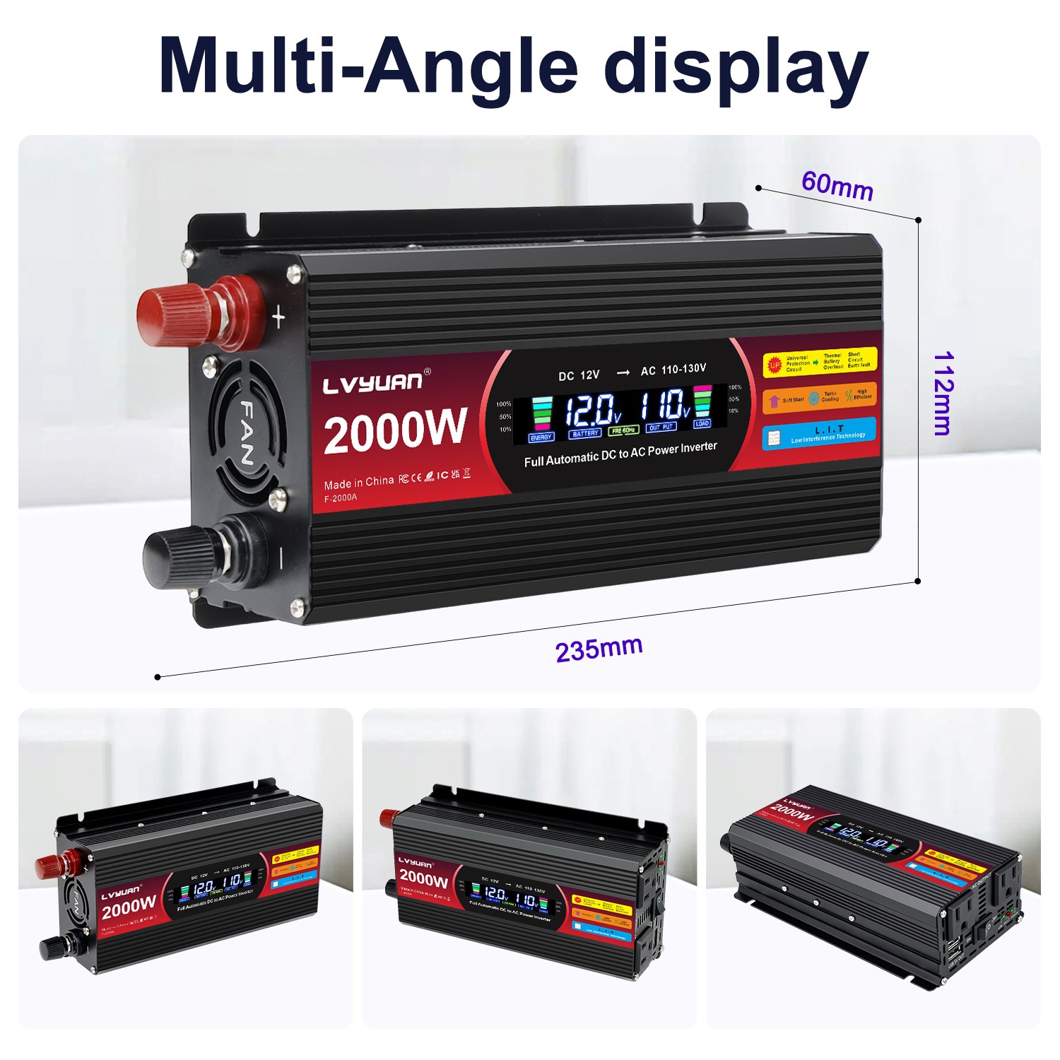 800W 2000W Power Inverter 12V to 110V 120V LCD 2AC 2USB Adapter Converter Home