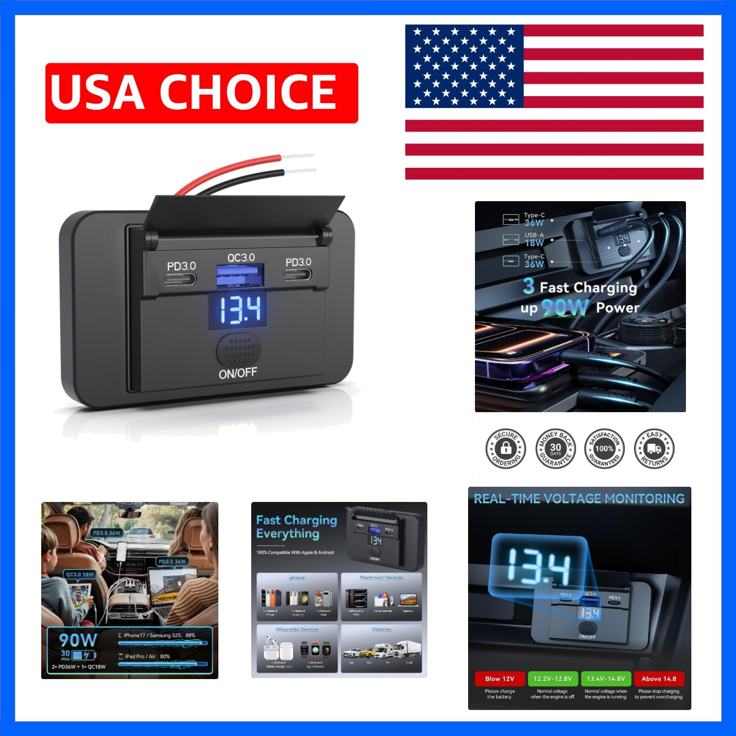 90W 3 Ports 12V RV USB Switch Outlet with 36W PD3.0 Type-C+18W QC3.0 Quick Ch…