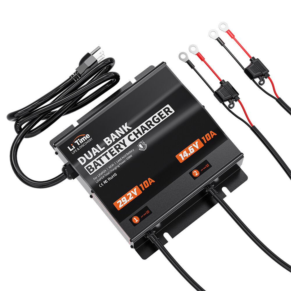 LiTime 12V/24V 10A Dual Bank Marine Battery Charger for LiFePO4 Lead Acid NCM