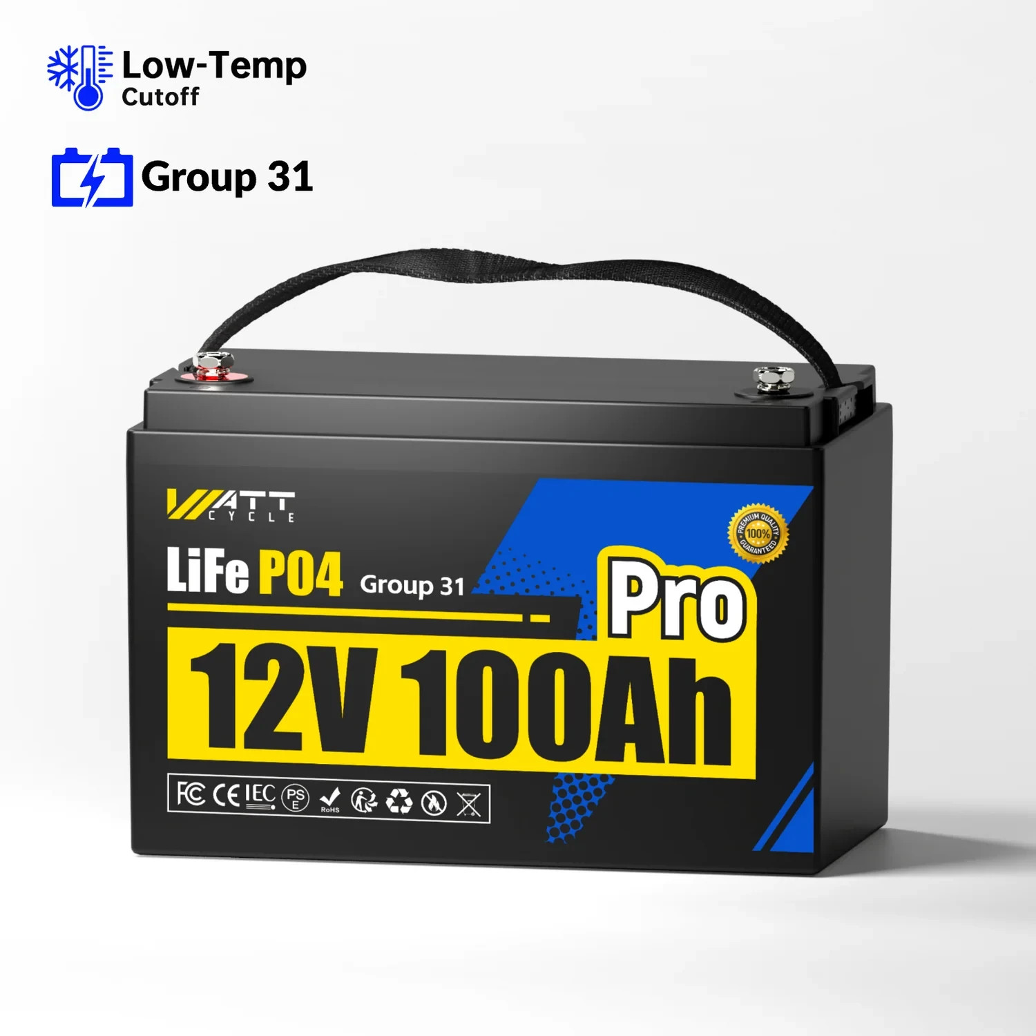 Wattcycle 12V 100Ah LiFePO4 Battery 110A BMS + 12V Charger for Solar Off-Grid