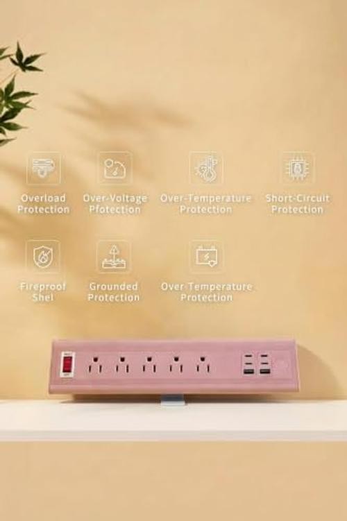 Desk Clamp Power Strip with Nightlight, 40W Fast 5 Outlets & 6 Usb Ports Pink