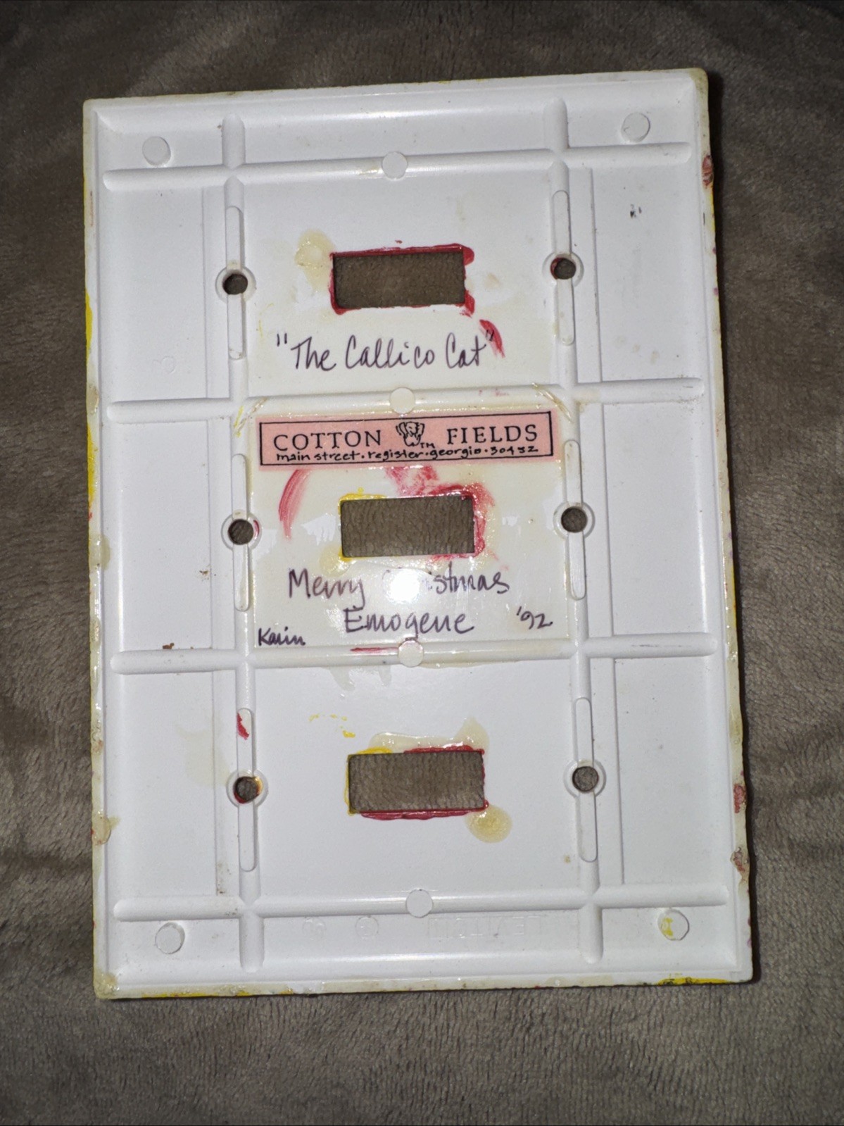 VTG 1992 Plastic Hand Painted Triple Light Switch Plate. Calico Cat