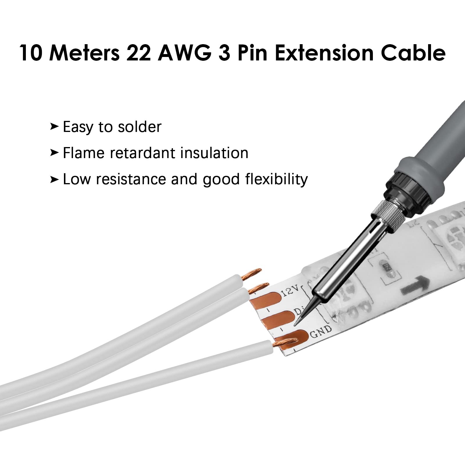 RGBZONE 10M 22AWG 3 Pin LED Light Strip Cable Cord, 3pin 22awg, White