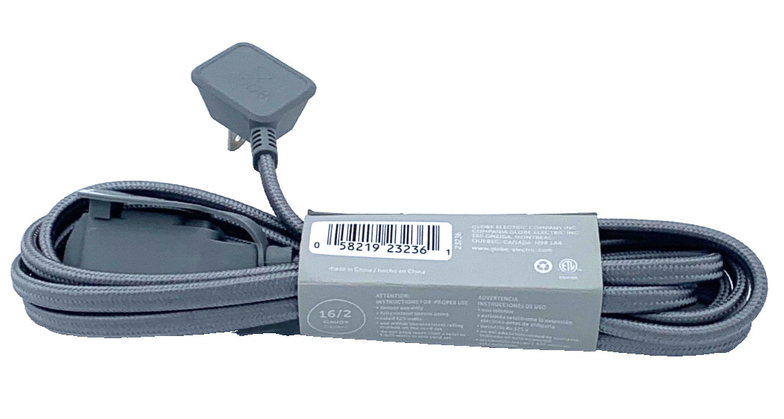 Globe “9 Foot” Fabric Indoor Extension Cord Grey 16/2 Gauge 3 Outlets 125V New