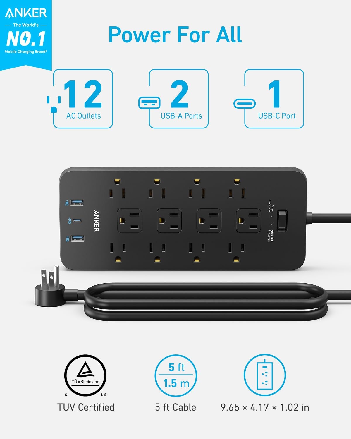 Anker Power Strip with 2100J Surge Protector, Outlet Extender, 5 FT, Black