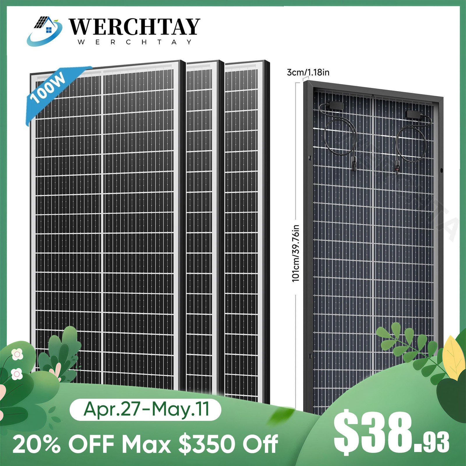 3Pc 100 Watt (300W) N-Type Bifacial Solar Panel 12V Mono Home PV Power Off-Grid