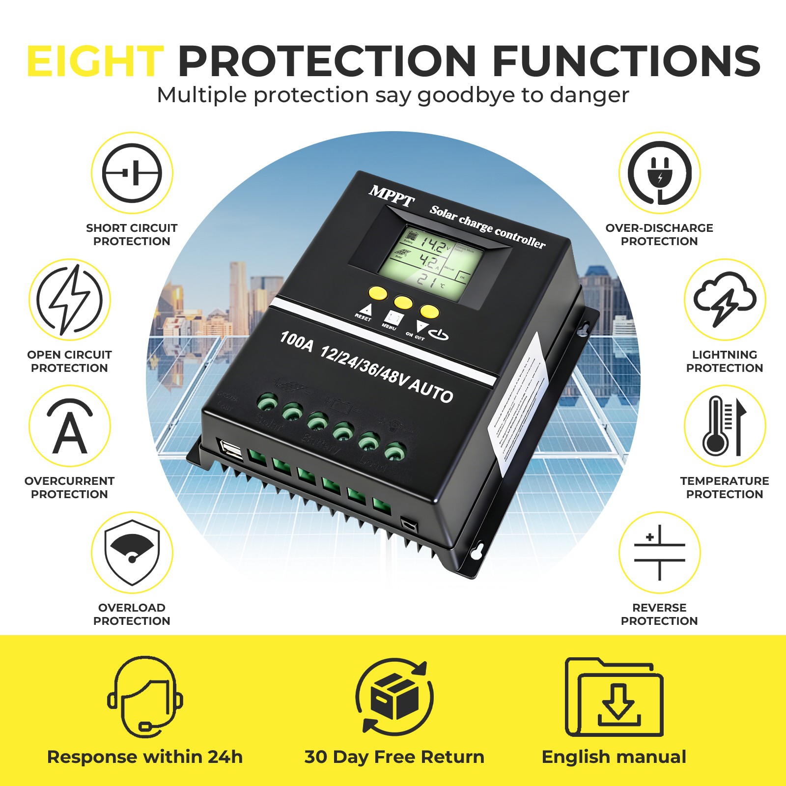 100A 12V/24V/36V/48V Solar Charge Controller Tools LCD Dual USB for Battery