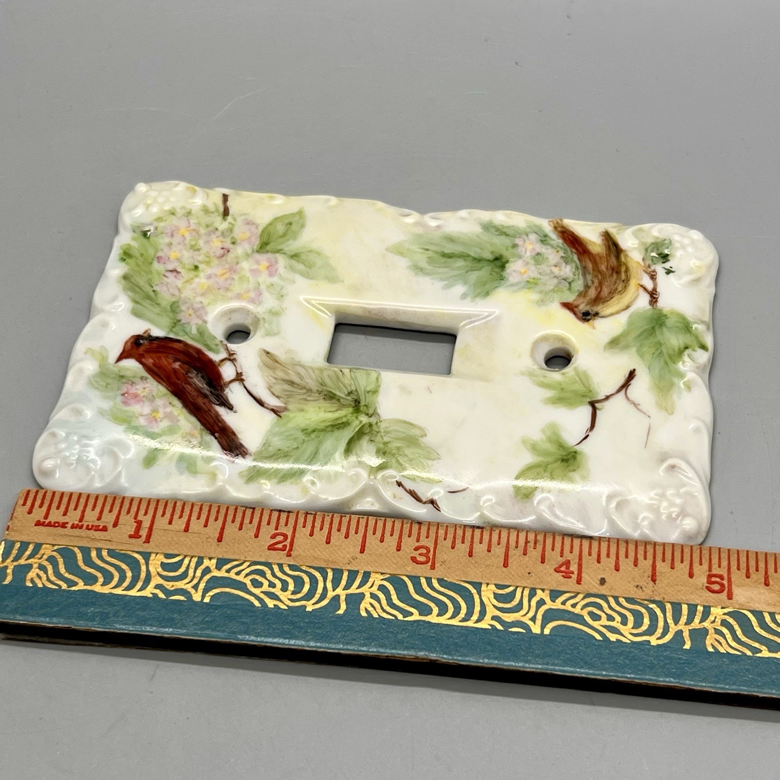 Vintage Porcelain Single Light Switch Plate Hand Painted Florals Cardinal Birds
