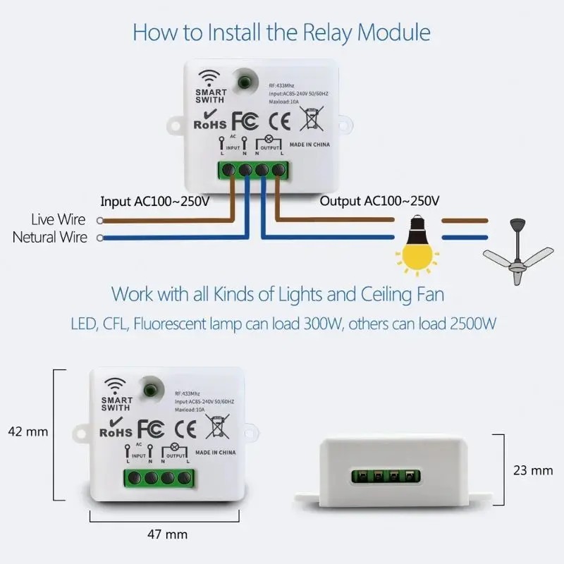 Wireless Remote Control Wall Light Switch for Ceiling Lights Fans 30M Range
