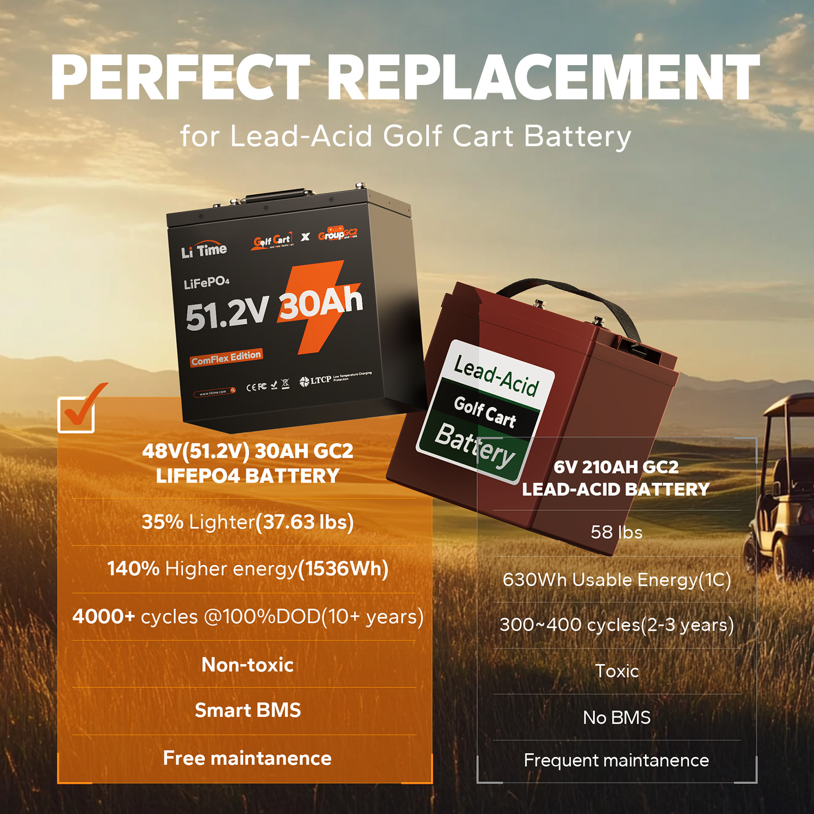 LiTime 48V 51.2V 30Ah GC2 Metal Case Lithium Golf Cart Battery w/ RS485 Port LOT
