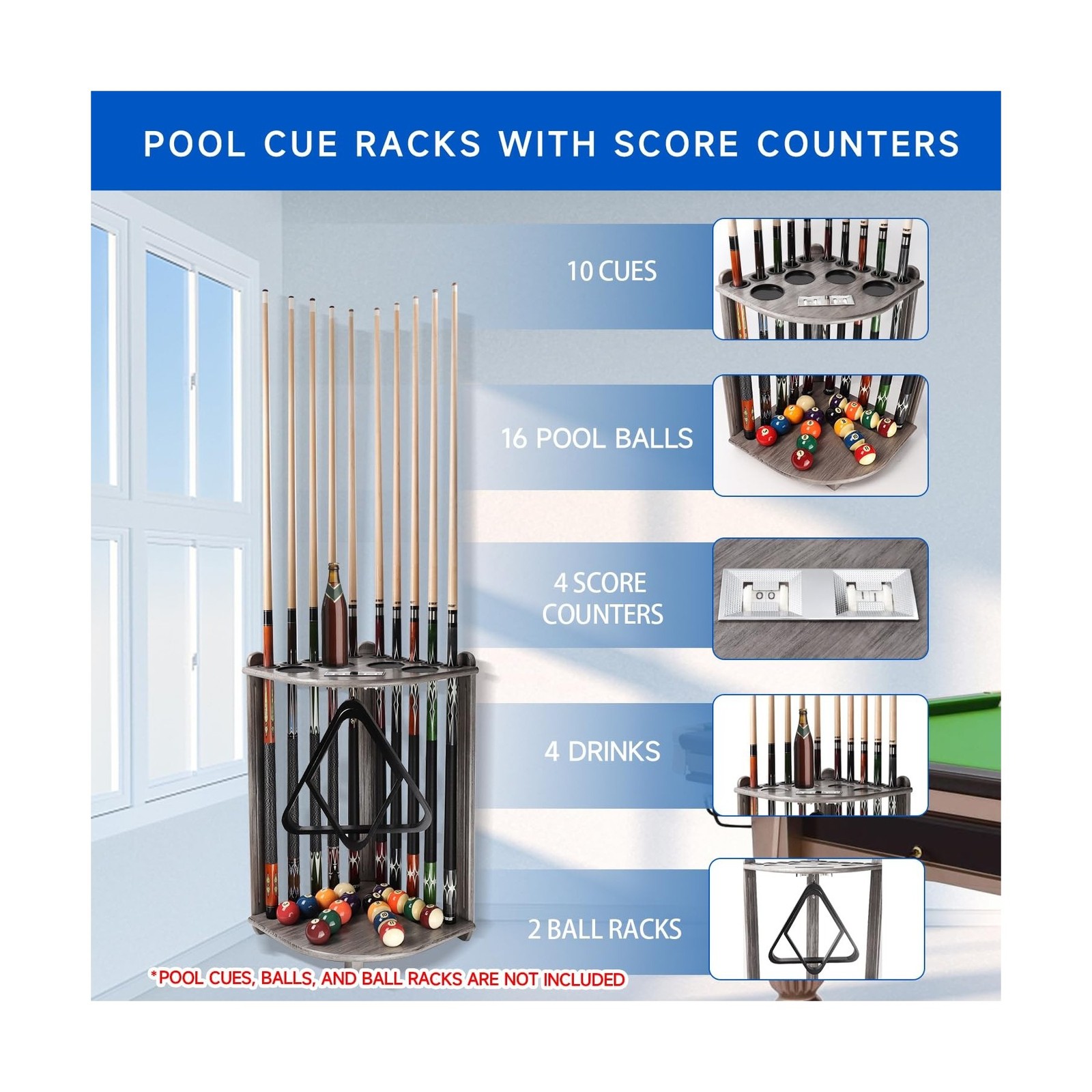 10 Cue Corner-Style Floor Stand Billiard Pool Cue Racks Scratch Resistant Wood