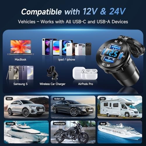 2V USB Charger with 4 Ports, Upgraded Aluminum Alloy Car Outlet with LED 1
