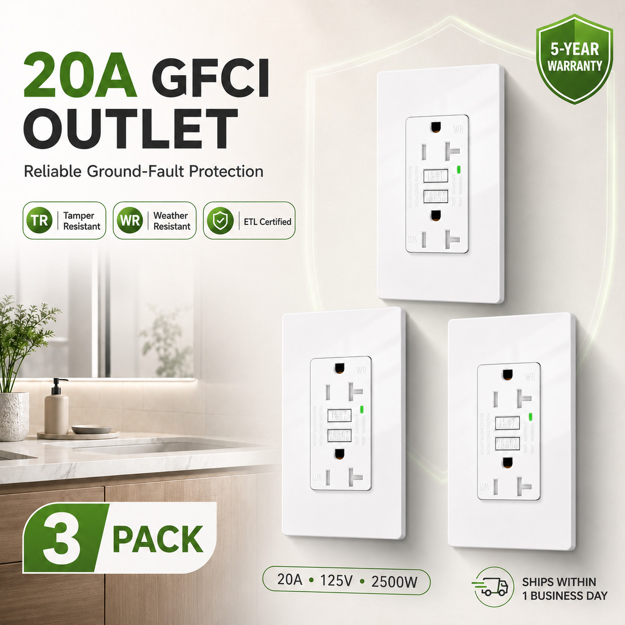 20 Amp GFCI Outlet TR WR LED Receptacle for Home Bathroom Kitchen Outdoor 3PK