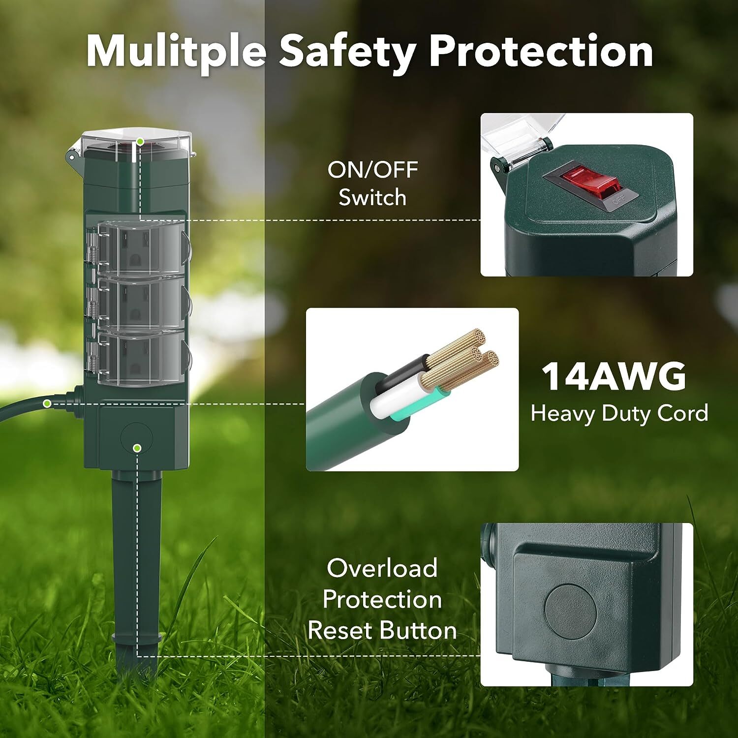 HBN Outdoor Power Strip Yard Stake with 6ft Extension Cord,Outside Multiple Plug