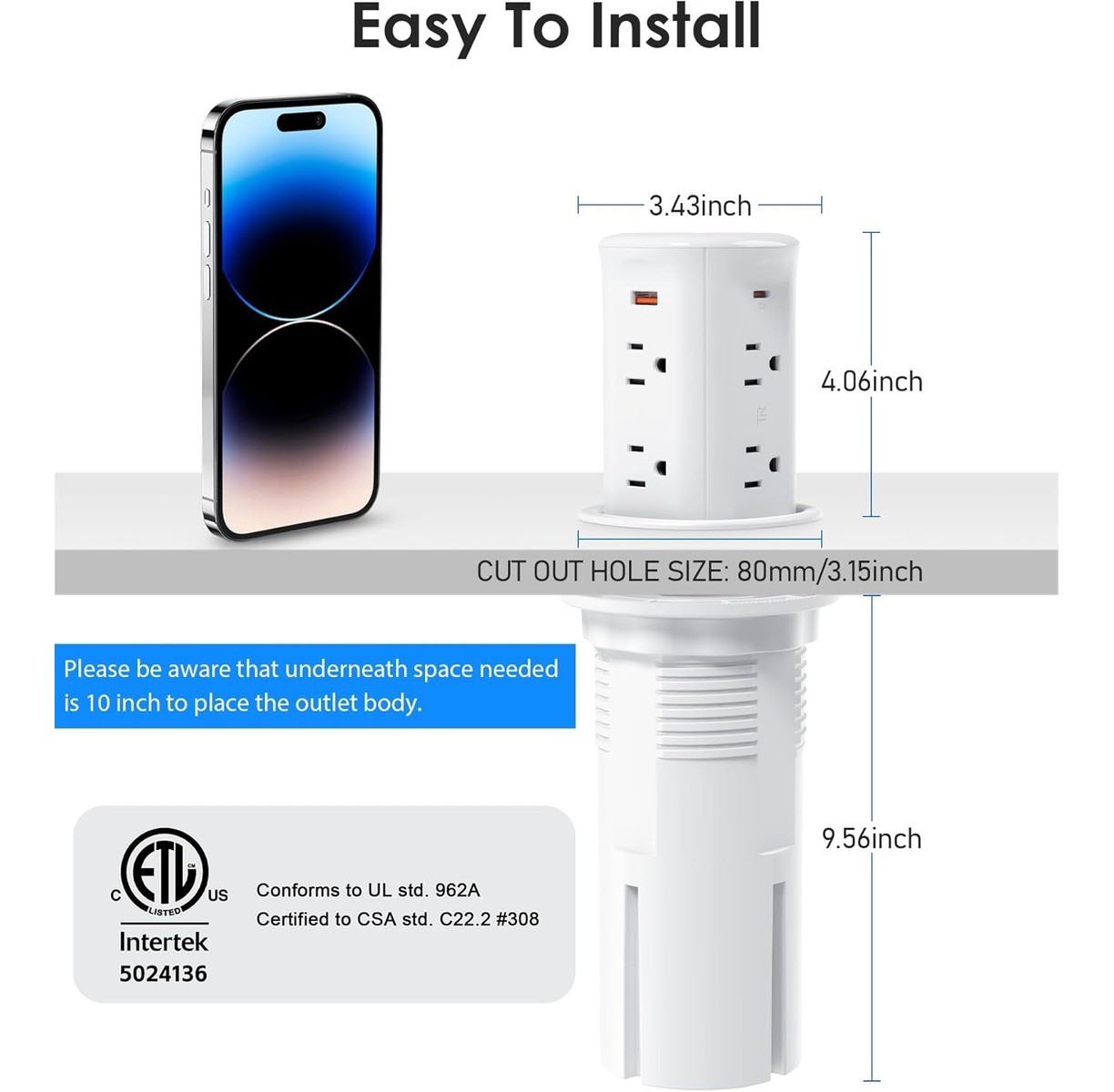 3″ Pop-Up Countertop Outlet 4 USB 15W Wireless Charger 20W PD ETL Listed White