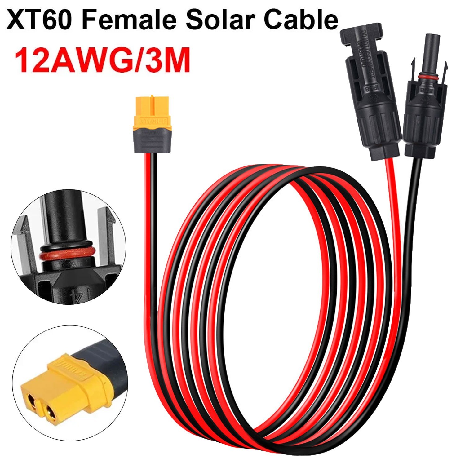 10ft 12AWG Solar Panel Extension Cable Wire XT60 Female to Solar Connectors