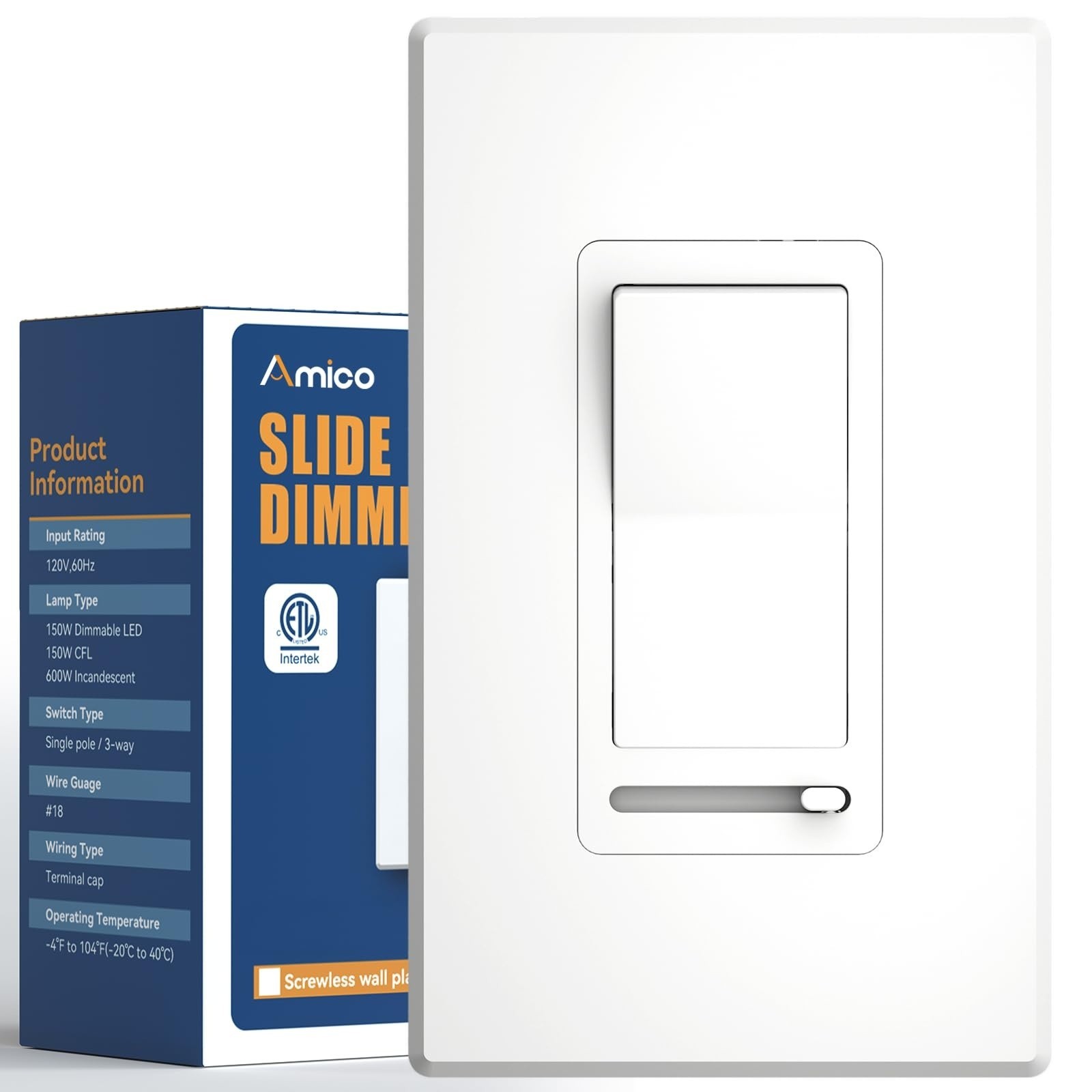 LED Dimmer Light Switch Single Pole 3 Way Slide Dimmer with Wall Plate White