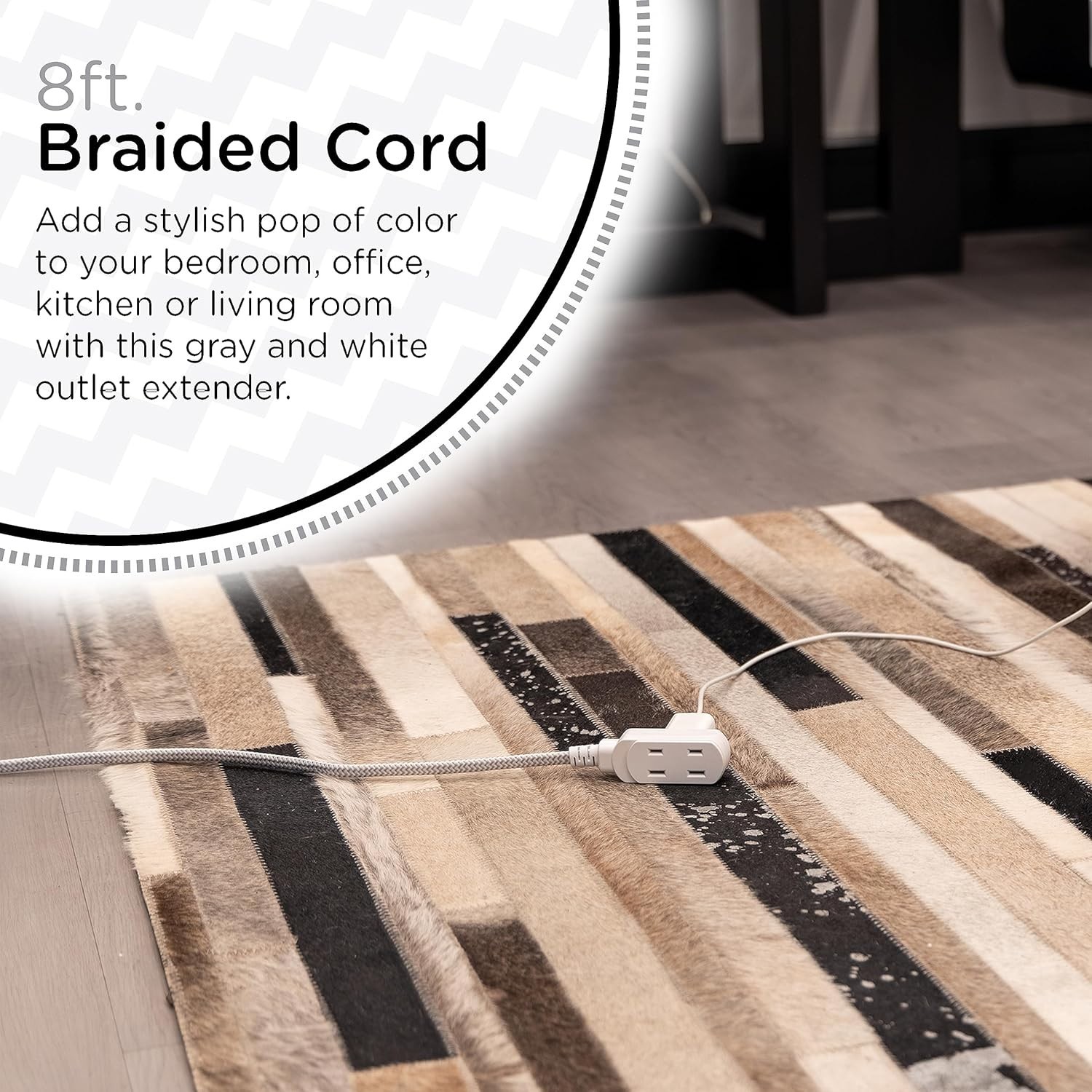 8 Ft Extension Cord: 3 Polarized Outlets & Decorative Chevron Fabric