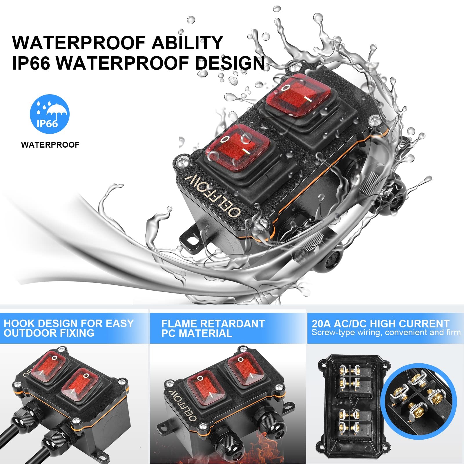 Waterproof On Off Toggle Switch Double Switch/outlet With Red Light Rocker Butto