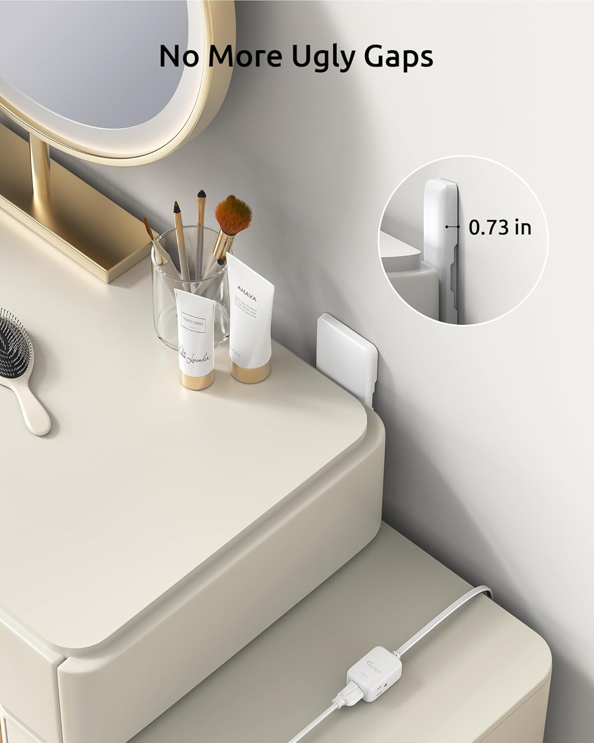3Ft Flat Extension Cord with 3 Outlets, Flat Wall Plug & Flush Outlet Cover, 900