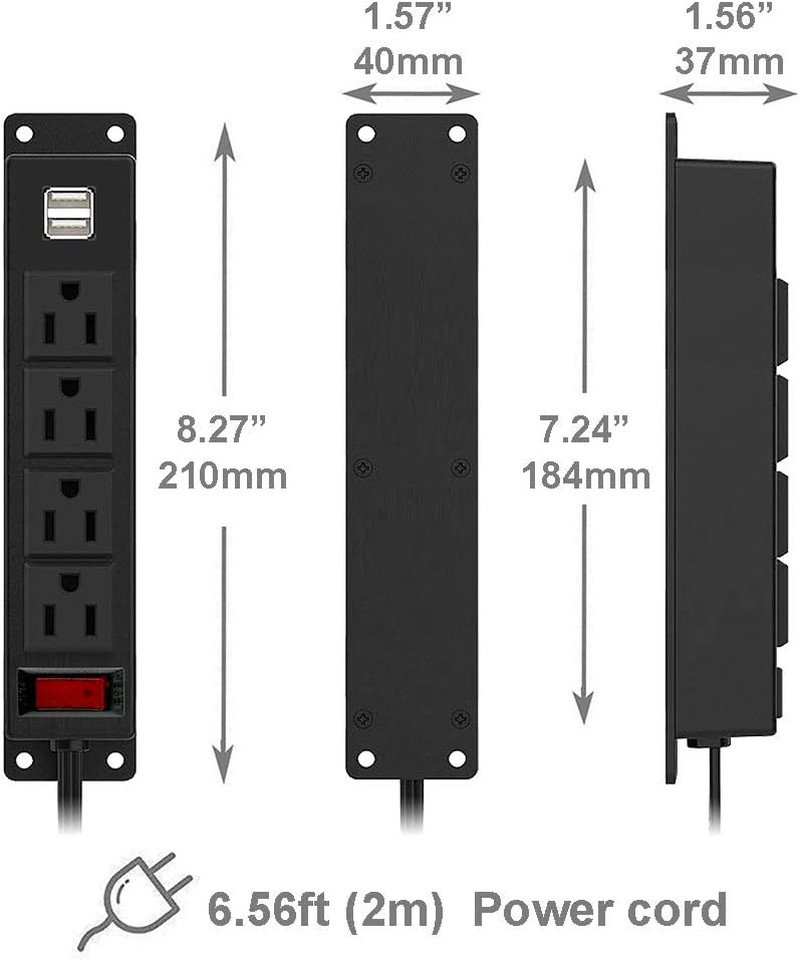 Mountable Power Strip with USB Ports,Wall Mount Power Outlets Screw down Power S