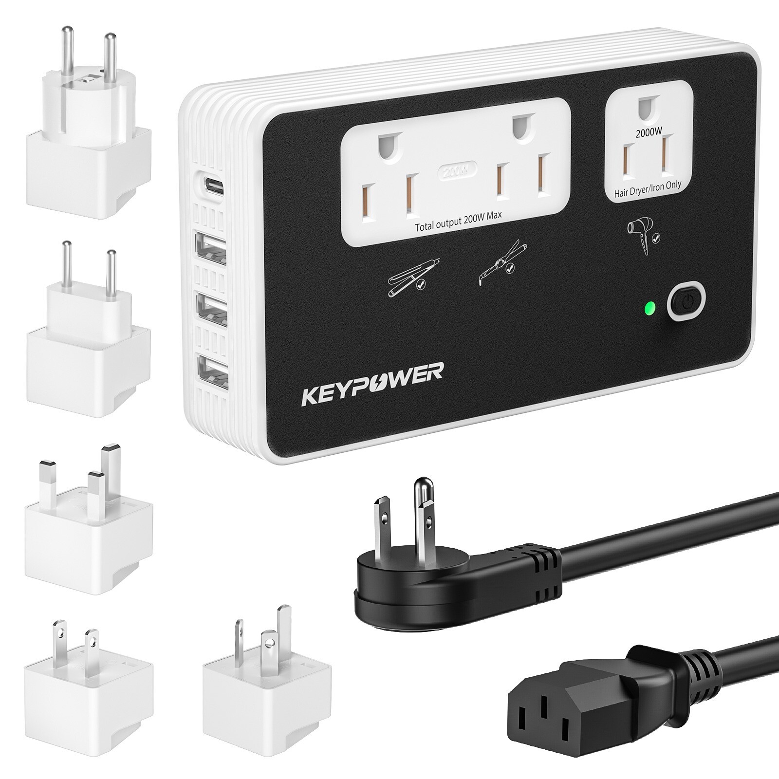 2000W Step Down Converter, 220V to 110V Voltage Converter with 3AC+4 USB(1USB C）