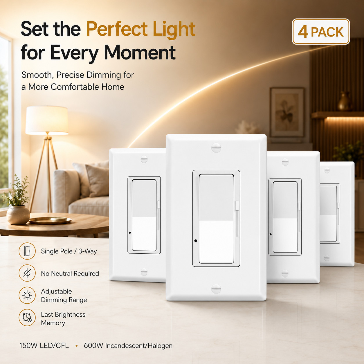 Slide Dimmer Switch for LED CFL Bulbs, 3-Way or Single Pole, No Neutral Wire 4PK