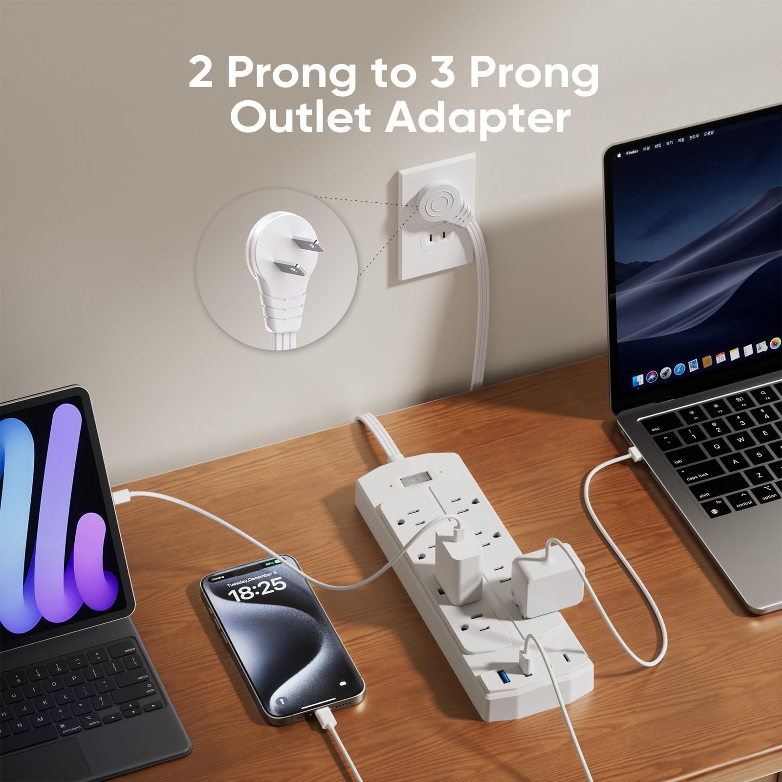 2 Prong to 3 Prong Adapter, 5FT Power Strip, 8 AC Outlets, 4 USB, Surge Prote…