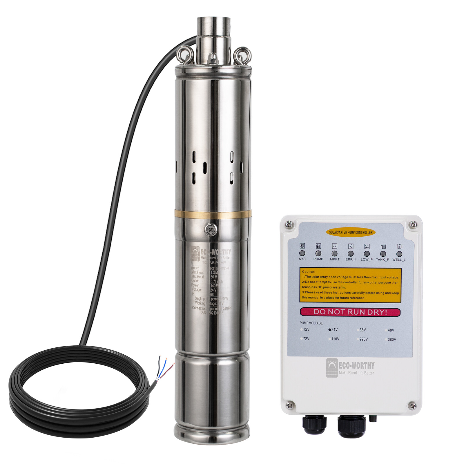 3″ DC 24V Solar Water Pump Deep Well Pump Submersible Bore MPPT Controller Kit