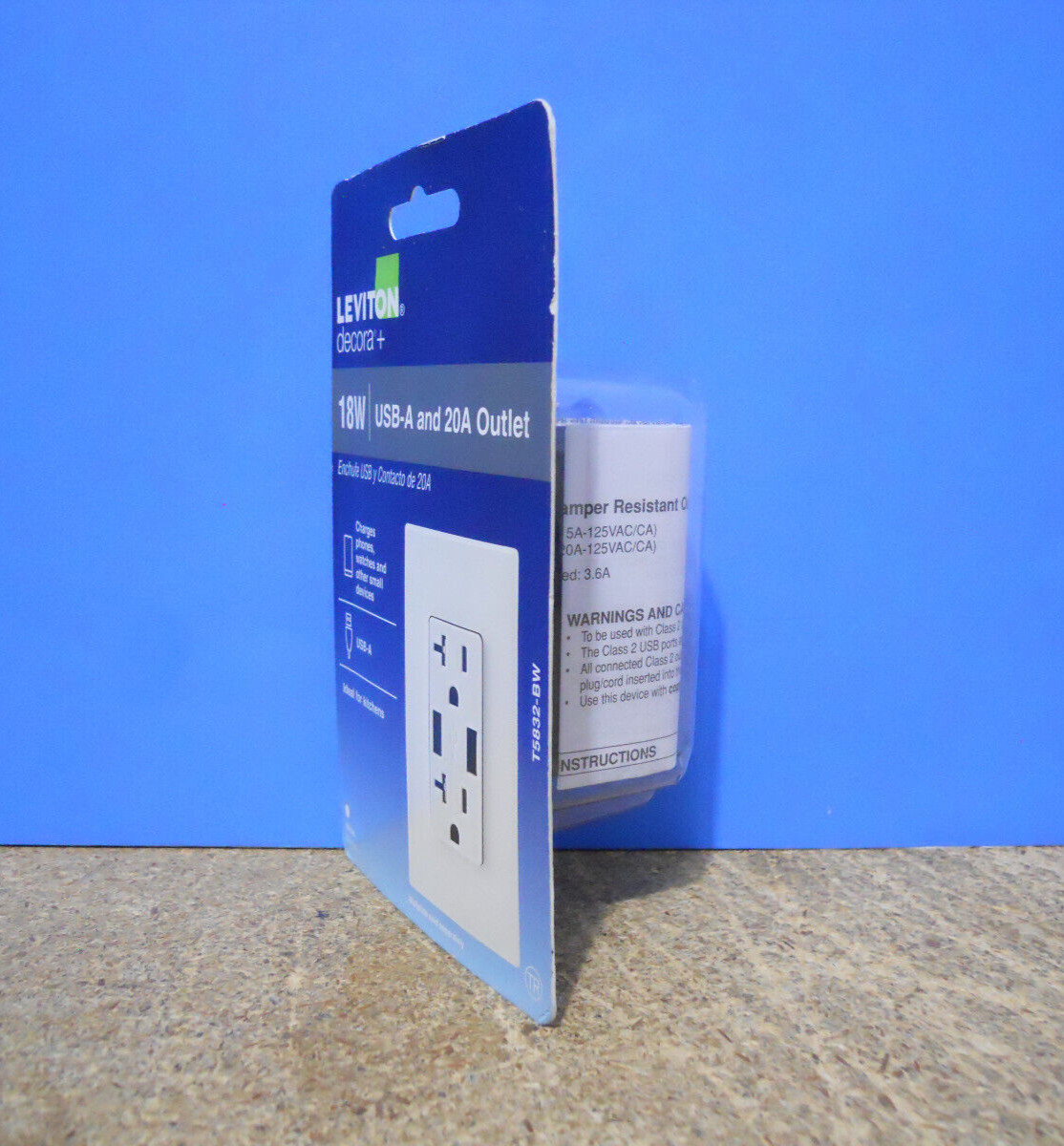 Leviton Decora+ 18W USB-A In Wall Charger and 20A Duplex Outlet T5832-BW White