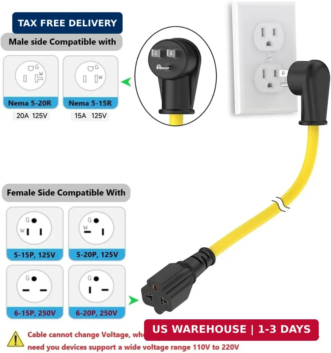 3FT 12AWG Heavy Duty Right-Angle Extension Cord 90 Degree 15-amp to 20-amp, 15Am