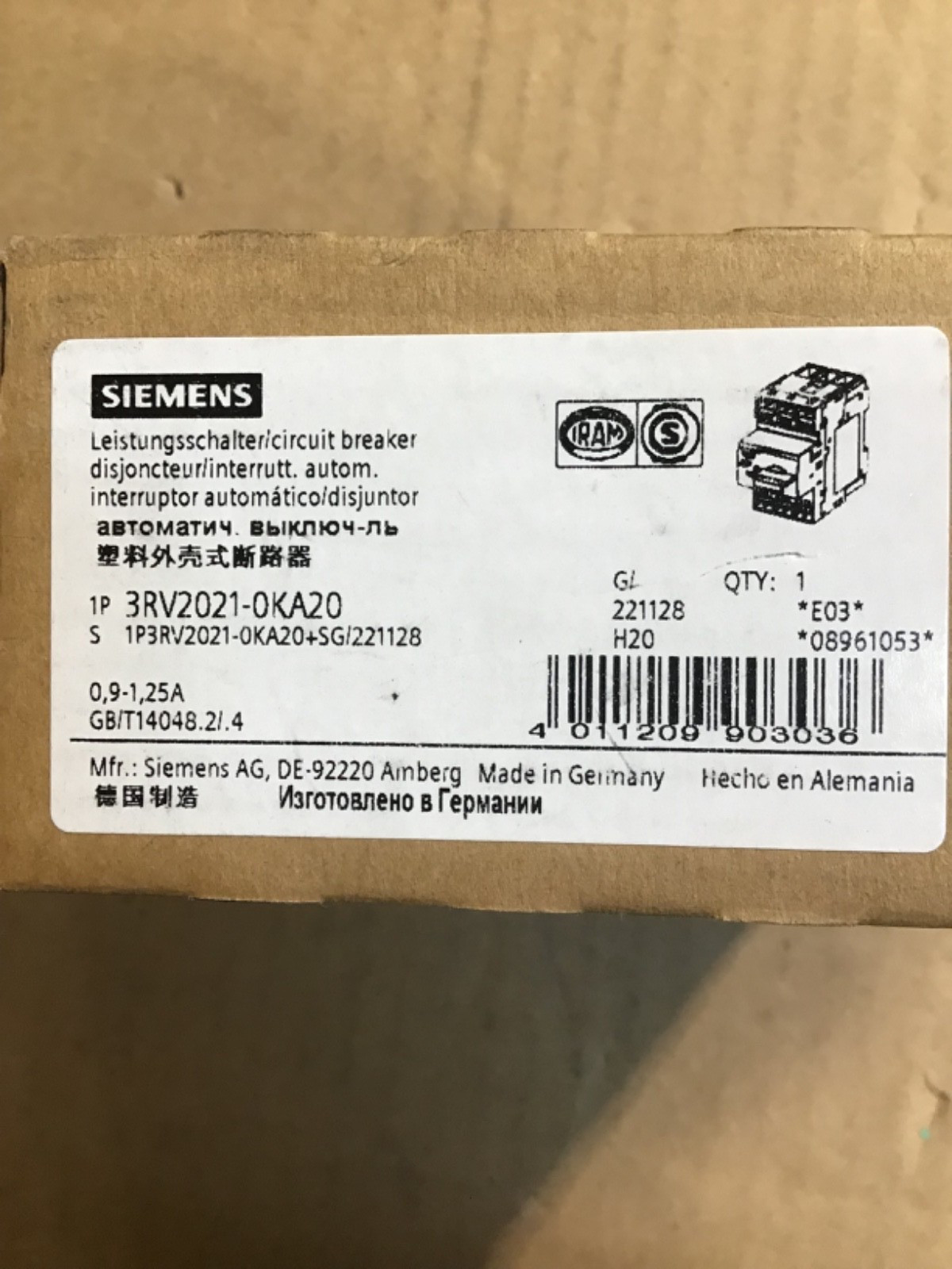 SIEMENS 3RV2021-0KA20 MOTOR STARTER/ CIRCUIT PROTECTOR, 0.9-1.25 AMP. NEW IN BOX