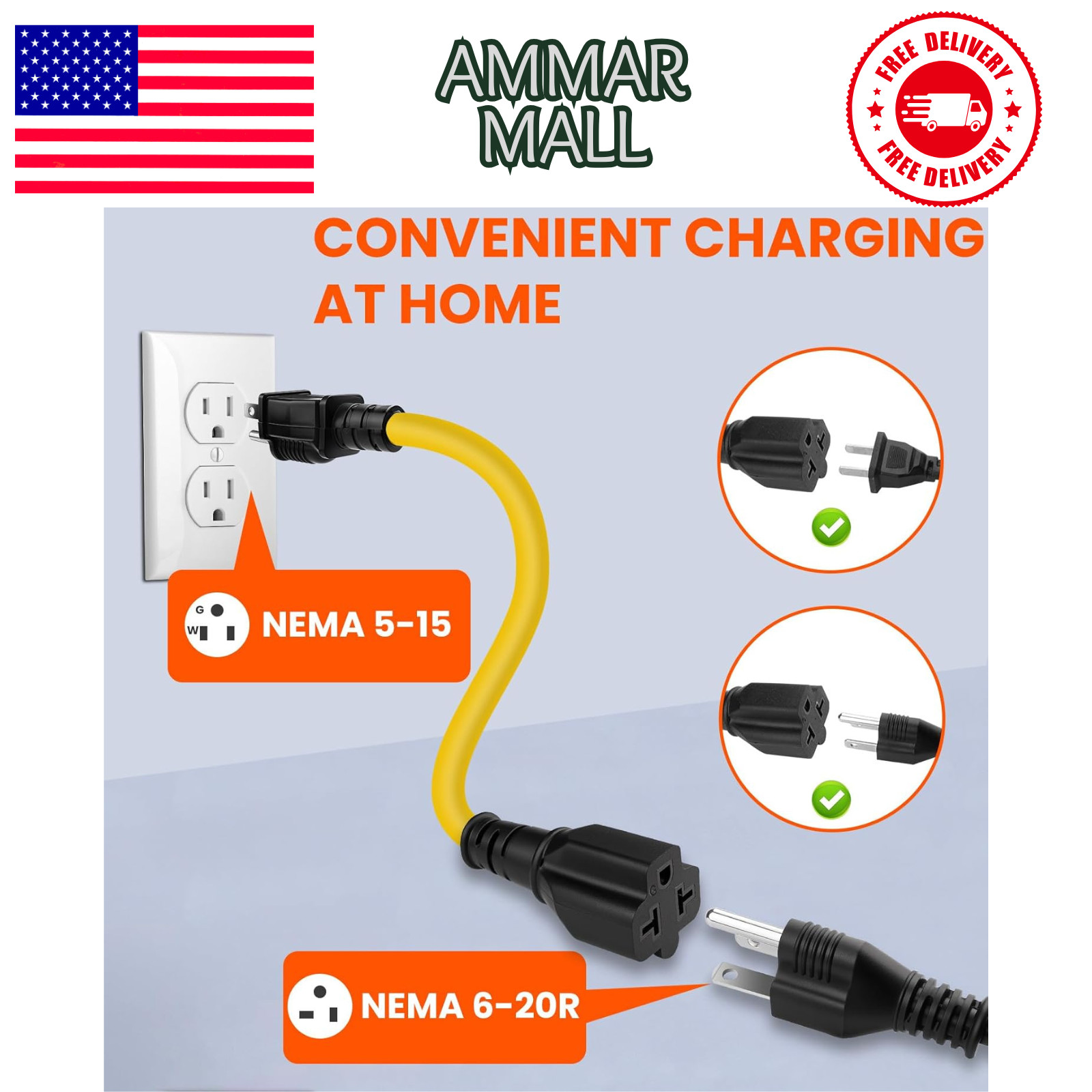 12AWG 15 Amp Household AC Plug to 20 Amp T Blade Adapter Cable, NEMA 5-15P to 5-