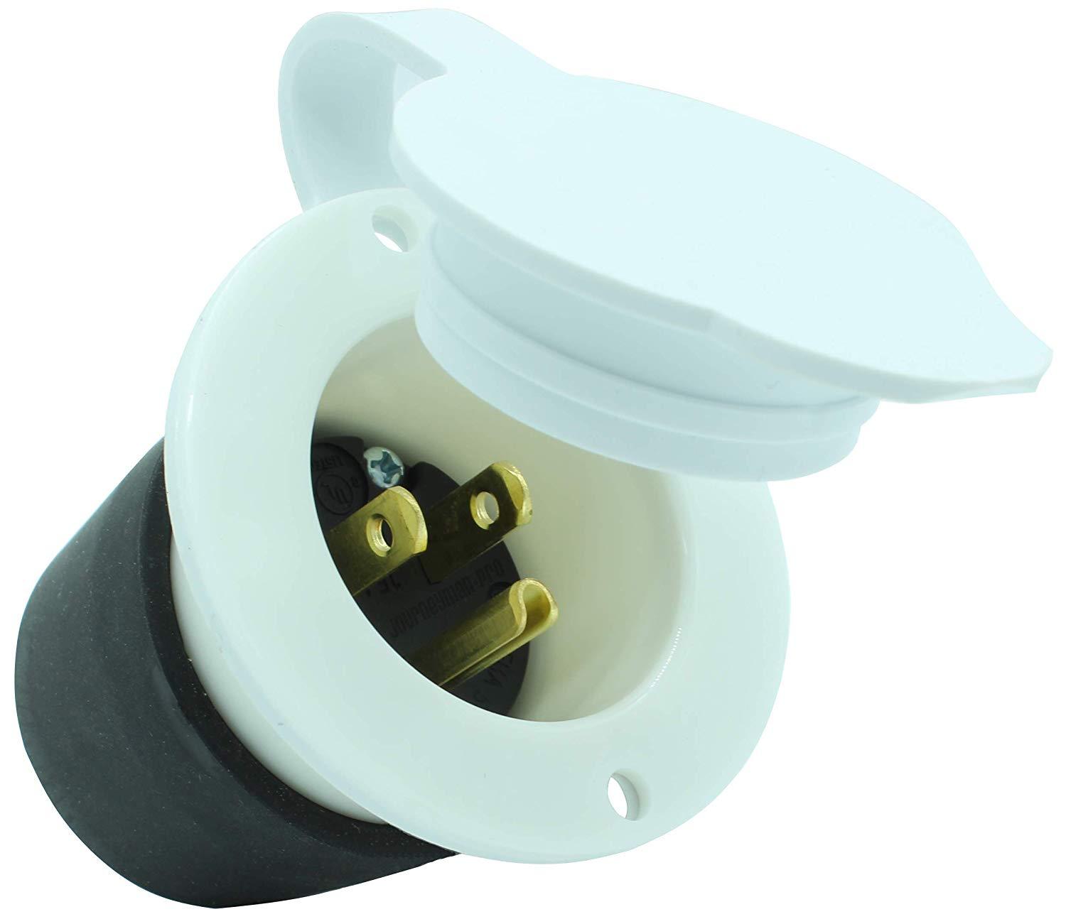 White Power Inlet Plug Panel Charge Port 15A 125V RV Shore Boat Shed Trailer