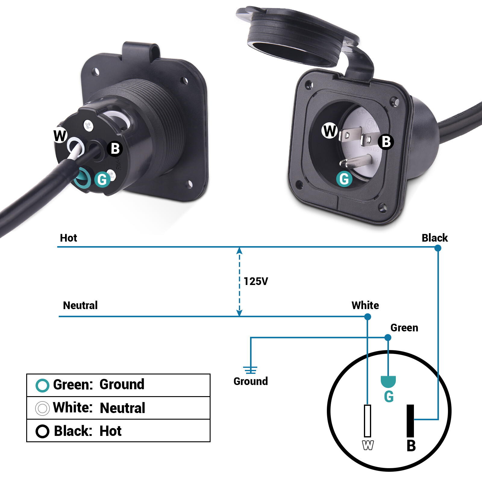 18″inch 15Amp AC Power Plug Inlet Port Extension Cord for RV Camper Caravan 125V
